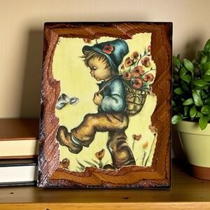 Vintage Hummel Style wooden Wall Plaque Boy with Flowers 4.75” x 3.75”